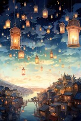 A whimsical watercolor illustration of a string of lanterns adrift in the sky, casting a warm glow over a sleepy town - obrazy, fototapety, plakaty