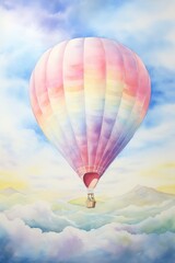 Fototapeta premium A vibrant watercolor painting of a colorful hot air balloon floating serenely against a soft morning sky