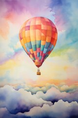 Naklejka premium A vibrant watercolor painting of a colorful hot air balloon floating serenely against a soft morning sky