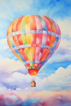 A vibrant watercolor painting of a colorful hot air balloon floating serenely against a soft morning sky