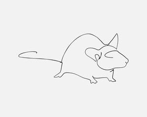 Continuous line, Side view of a brown rat. Drawing of set Animal. (Vector illustration one line drawing)