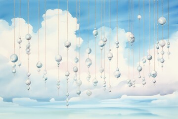 A contemplative watercolor of a string of pearls draped across a cloudy afternoon sky, adding elegance and mystery