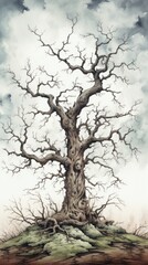 A haunting watercolor illustration of an ancient tree stretching its branches into an overcast sky