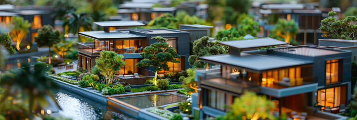 A detailed model of an urban development with green modern houses, greenery and trees. eco-friendly building concept