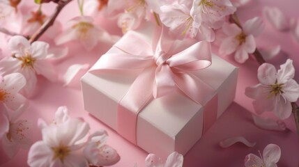 Small present gift box with sakura flowers and a pale pink ribbon.