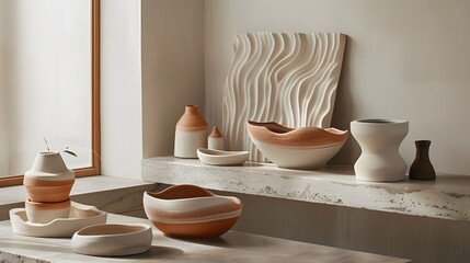Fototapeta na wymiar Softly Molded Ceramic Waves in Terracotta and Beige Tones,Evoking a Serene and Natural Aesthetic for Home Decor