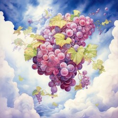 A joyful watercolor scene of a bunch of grapes floating among clouds, whimsically merging concepts of sky and vineyards