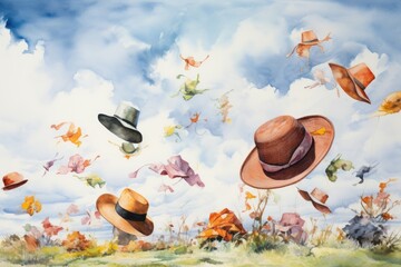 A lively watercolor painting of a collection of hats caught in a gust of wind, dancing across a spring sky - obrazy, fototapety, plakaty