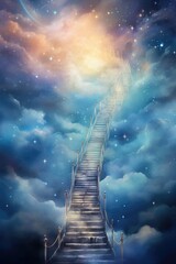 A mystical watercolor scene of a ladder reaching up to the stars, offering a path to the heavens