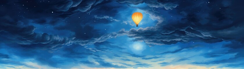 A nostalgic watercolor depiction of a paper lantern gently rising in a deep blue evening sky during a festival - obrazy, fototapety, plakaty