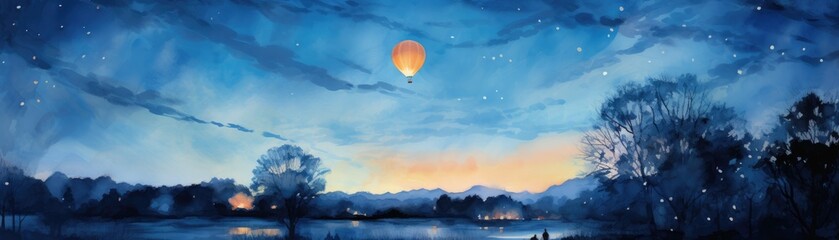 A nostalgic watercolor depiction of a paper lantern gently rising in a deep blue evening sky during a festival - obrazy, fototapety, plakaty