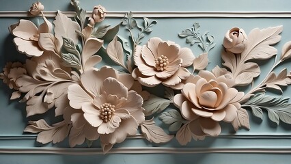 Beautiful carved flowers on blue wall, closeup. Interior decoration