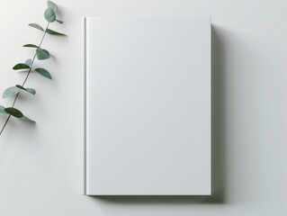 empty blank white book cover mock up and green eucalyptus branch on white table background
