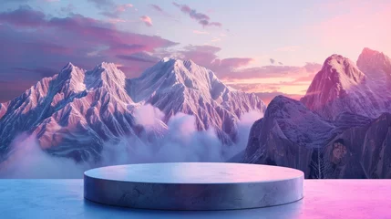 Wandcirkels plexiglas Podium for product demonstration, mesmerizing beautiful mountains in the background, saturated colors, bright picture © shooreeq