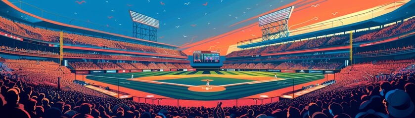 Illustration of a lively baseball stadium full of fans during a game, with a sunset casting a warm glow over the scene. - obrazy, fototapety, plakaty