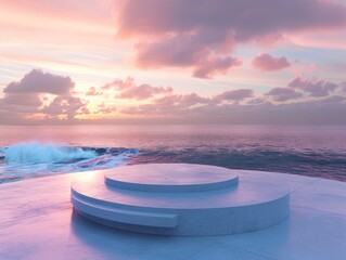 Podium for product demonstration, mesmerizing ocean with beautiful sky in the background, saturated colors, 3d render