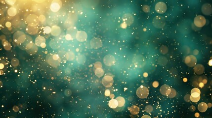 Abstract blur bokeh banner background with golden lights on emerald green. - obrazy, fototapety, plakaty