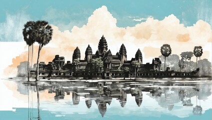 Angkor Wat and Siem Reap cityscape double exposure contemporary style minimalist artwork collage illustration.