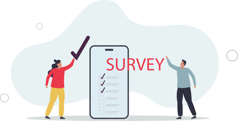 Online survey questionnaire, using mobile or smartphone to fill in online survey checklist.flat vector illustration.