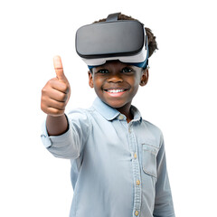  Awesome african american, black little kid wearing VR glasses, thumbs up, smiling, augmented reality glasses. Isolated on transparent background 
