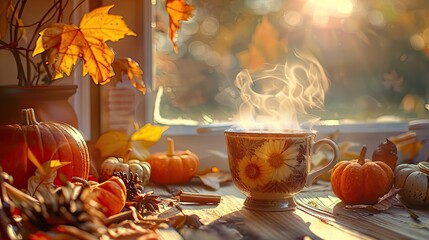 Steaming hot cup of cider on a table surrounded by fall decorations