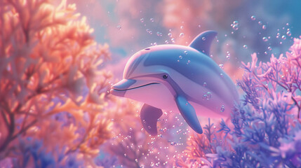A joyous swimming Dolphin in cartoon style with dreamy visuals