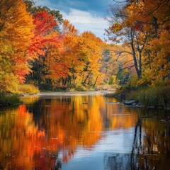 Serene river reflecting the brilliant fall colors from surrounding trees