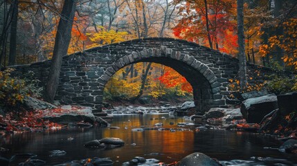 Old stone bridge over a creek surrounded by trees in peak fall colors - obrazy, fototapety, plakaty