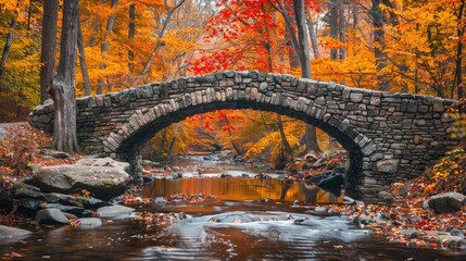 Old stone bridge over a creek surrounded by trees in peak fall colors - obrazy, fototapety, plakaty