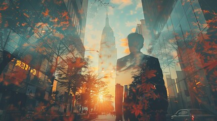 Cityscape of businessman walking on street double exposure of green summer forest background on urban skyscrapers