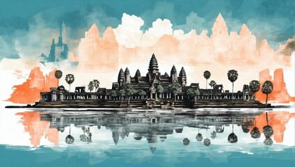 Angkor Wat and Siem Reap cityscape double exposure contemporary style minimalist artwork collage illustration. - obrazy, fototapety, plakaty