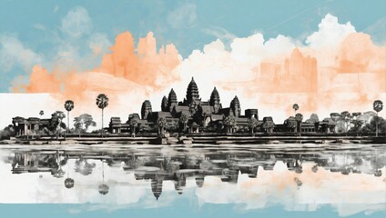 Obraz premium Angkor Wat and Siem Reap cityscape double exposure contemporary style minimalist artwork collage illustration.
