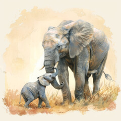illustration Baby elephant sucking mother milk. Small pup with old elephant, care. Nature behaviour wildlife detail