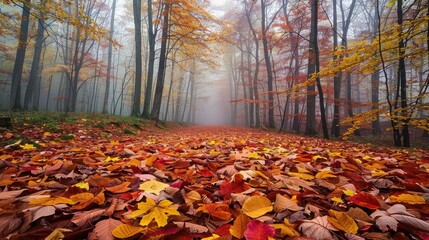 Foggy morning in a forest with colorful autumn leaves on the ground
