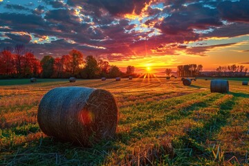 Breathtaking sunset over a field with bales of hay and fall colors - obrazy, fototapety, plakaty