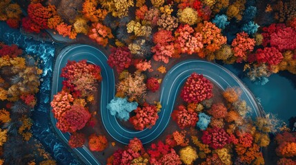 Aerial view of a winding road through a colorful autumn forest