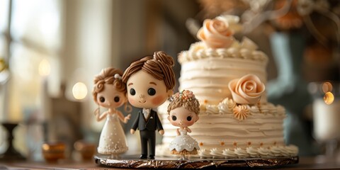 Playful wedding cake topper with miniature cartoon versions of the bride and groom - obrazy, fototapety, plakaty