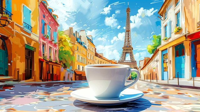 Coffee in the cafe with view street of Paris and the Eiffel tower. seamless looping 4k time-lapse animation video background
