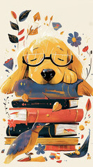 A charming golden retriever donning glasses and resting its head on a stack of books, evoking a whimsical take on studiousness