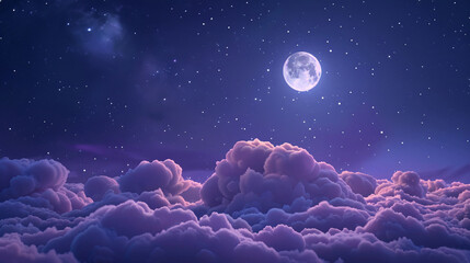 Dark blue night dreamy moon sky clouds, beautiful healing illustration
