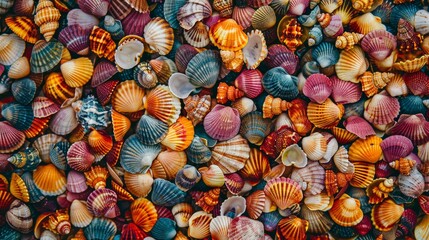 Colorful seashells in a big pile spread out, photographed from above - decorative pattern background