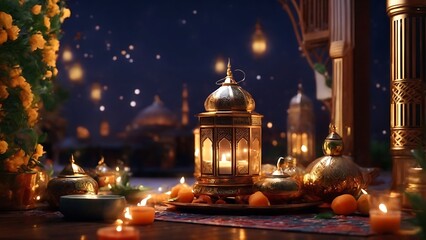 Ramadan Kareem greeting card. Arabic lanterns with burning candles on table