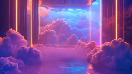 Futuristic neon gateway opening to dreamy cloudscape, concept blending modern technology with natural elements, creating surreal digital art scene. - obrazy, fototapety, plakaty