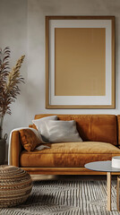Mockup poster frame above a Mid-Century Modern Sofa in aliving room, modern interior scanidavian style