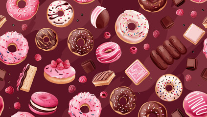 a bunch of different types of donuts on a purple background