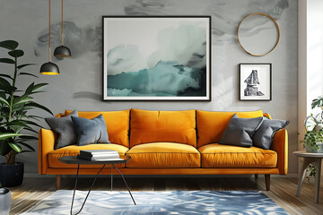 Mockup poster frame above a Mid-Century Modern Sofa in aliving roomhyperrealistic shot, modern interior scanidavian style