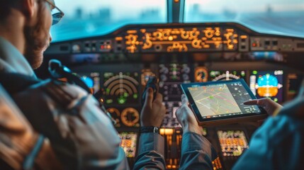 Pilot showing digital tablet to copilot in cockpit of private plane - Powered by Adobe