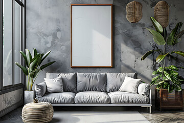 Mockup poster frame above a Modular Sofa in aliving roomhyperrealistic shot, modern interior scanidavian style