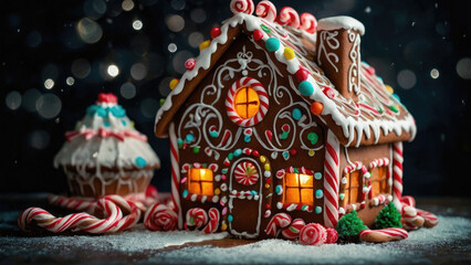 Fototapeta premium Photo of a gingerbread house adorned with rich Christmas decorations and icing, capturing the festive spirit and intricate details of holiday baking