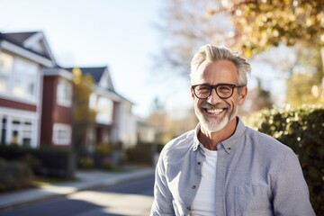 Obraz premium Portrait of a happy man in his 60s dressed in a relaxed flannel shirt over modern minimalist interior